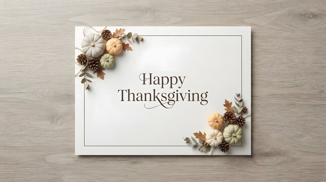 A sophisticated top down view of a white rectangular sign displaying Happy Thanksgiving text adorned with elegant autumn pumpkins pinecones and dried leaves on wood