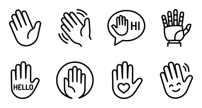 Collection of eight linear hand gestures including clapping hello hi heart and open palm icons on a white background