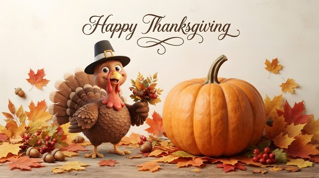 A cheerful cartoon turkey wearing a black pilgrim hat holds a small autumn bouquet next to a large orange pumpkin surrounded by colorful fall leaves