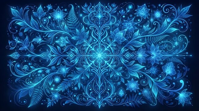 An intricate and symmetrical digital artwork featuring glowing neon blue botanical elements, ferns, and floral patterns set against a deep, dark, and elegant cosmic background.