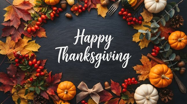 A beautiful overhead view of a dark slate surface decorated with vibrant orange maple leaves, pumpkins, rosehips, pinecones, and a rustic burlap bow for Thanksgiving.
