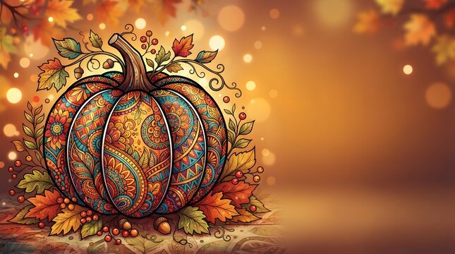 A beautifully intricate, hand-drawn style pumpkin decorated with vibrant paisley and floral mandala patterns, surrounded by autumnal leaves and soft bokeh lights on golden background.