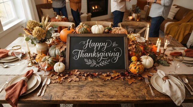 A beautifully decorated rustic Thanksgiving dining table featuring a chalkboard sign with elegant white calligraphy, surrounded by pumpkins, autumn leaves, and glowing candles for gathering.