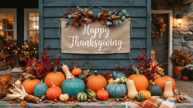A festive and inviting Thanksgiving porch display features a rustic banner hanging above a bountiful collection of colorful pumpkins gourds and vibrant autumn berry branches