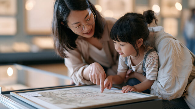 Museum docent kneeling to a child's eye level beside an interactive exhibit, candlelight-style gallery sconces casting warm tones across artifact displays as the educator gestures