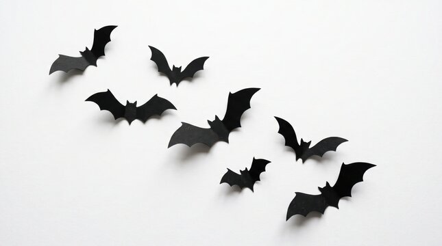 A festive collection of black paper bats flying on a white background for a spooky happy halloween holiday celebration and party decoration
