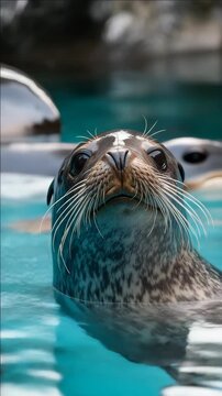 A curious seal swimming towards the camera with bubbles from its breathing, in a tank or aquarium.