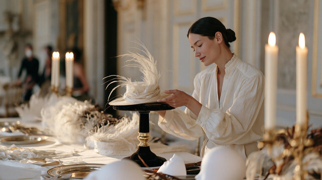 Milliner arranges a sculptural winter hat on a velvet stand by candlelight, a row of finished feathered creations casting long shadows across a worktable, empty mannequin heads