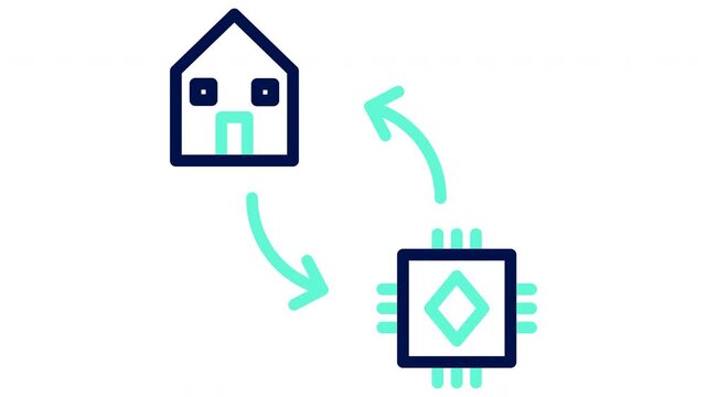 Asset tokenization icon with house and microchip. Vector illustration, outline video