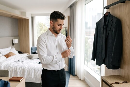 A man is preparing in a hotel room. He stands by a closet where a suit jacket hangs. The bed is unmade with clothes scattered around. It looks like he is getting ready for a special occasion