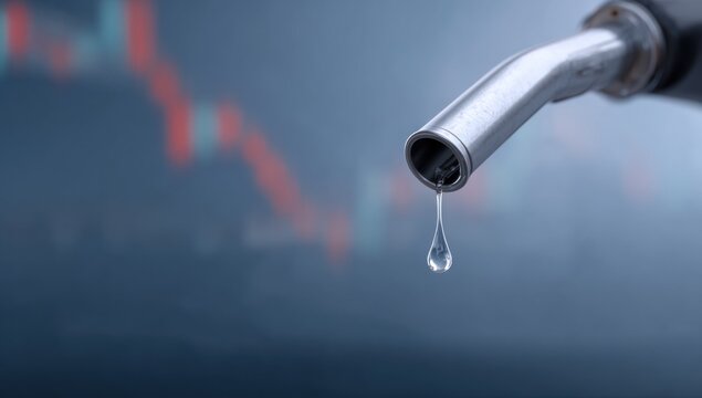 Falling oil drop from a fuel nozzle in front of a declining economic stock market graph background