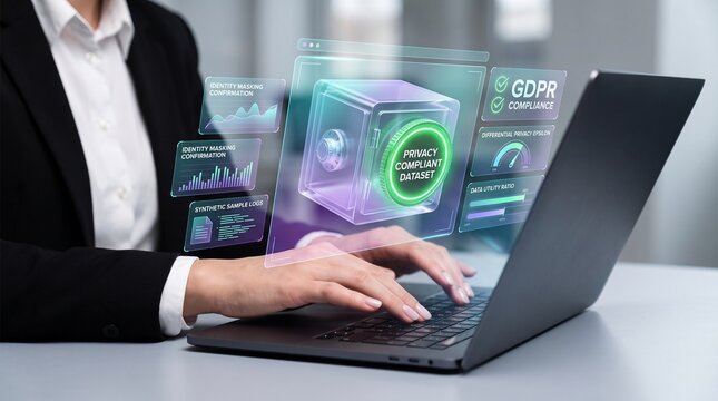 data privacy and gdpr compliance concept. business professional managing a privacy compliant dataset, identity masking and synthetic sample logs on a laptop interface


