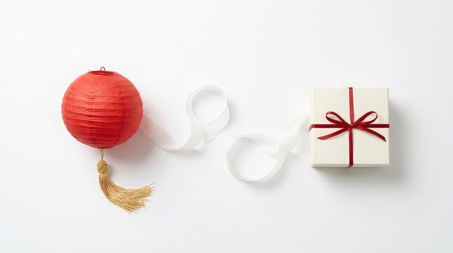 A red paper lantern and a gift box on a white background representing the traditional celebration of the mid autumn festival in china