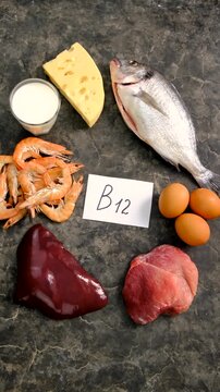 Foods that contain vitamin B12. Selective focus.