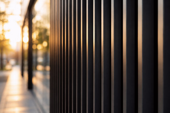 Moderne Metallfassade mit vertikalen Lamellen im Abendlicht