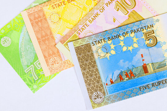 Pakistani rupee paper currency banknotes in various denominations issued by State Bank of Pakistan as financial cash