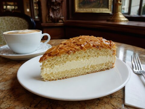 Bienenstich im deutschen Restaurant: Klassischer Hefekuchen mit cremiger Vanillef&uuml;llung und karamellisierter Mandeldecke, serviert mit Kaffee in gem&uuml;tlichem Ambiente.