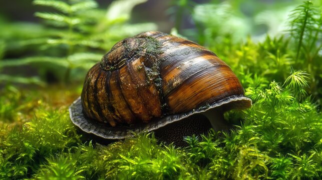 Close-up of a giant African snail resting on vibrant green moss, illuminated with soft, diffused light