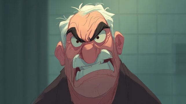 Angry elderly man with furrowed brows and gritted teeth in dramatic lighting expressing frustration