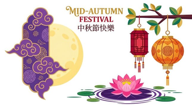 Beautiful illustration for mid autumn festival in china featuring a bright full moon hanging lanterns and a blooming lotus flower on white background