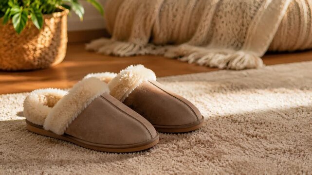 Cozy slippers placed on a soft rug in a warm home setting  
