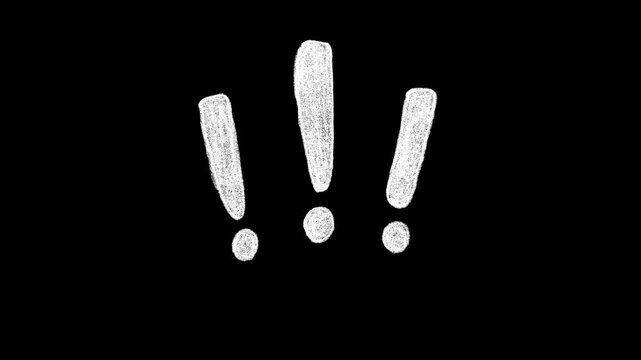 White hand drawn exclamation marks, sketchy chalk alert symbols, attention grabber animation, isolated on black background, professional motion graphic element, high quality.

