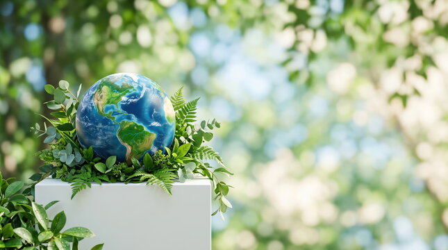 Miniature Earth on a clean white podium for Earth Day sustainability promotion