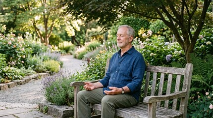 Obraz premium Elderly man meditating peacefully on a wooden bench in a lush garden surrounded by flowers and trees