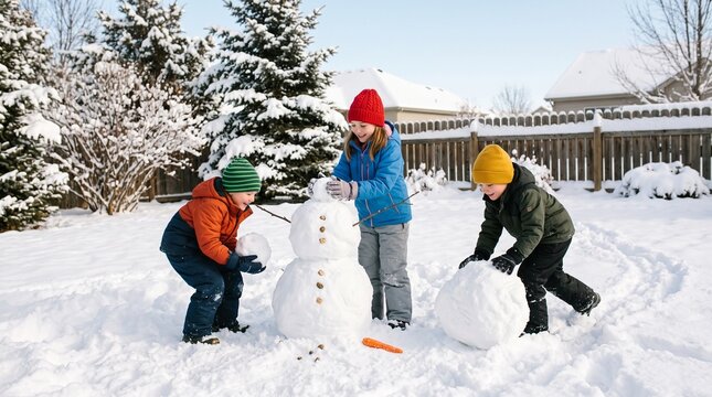 Three happy children building a snowman together in a snowy backyard on a sunny winter day