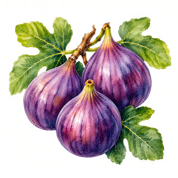 Hand Painted Watercolor Illustration of Three Ripe Purple Figs with Leaves Isolated on White Background
