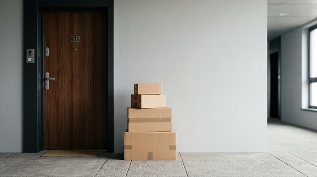 Stack of cardboard delivery boxes left outside apartment door 3B with intercom system