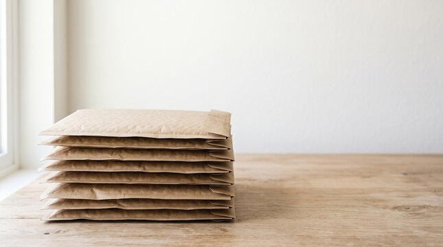 Stack of Padded Mailer Envelopes on a Wooden Table Ready for Shipping