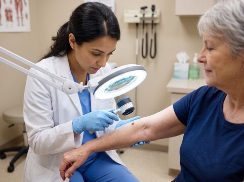 Female dermatologist examining a skin mole on the arm of an elderly patient using a magnifying glass lamp in a professional medical clinic office