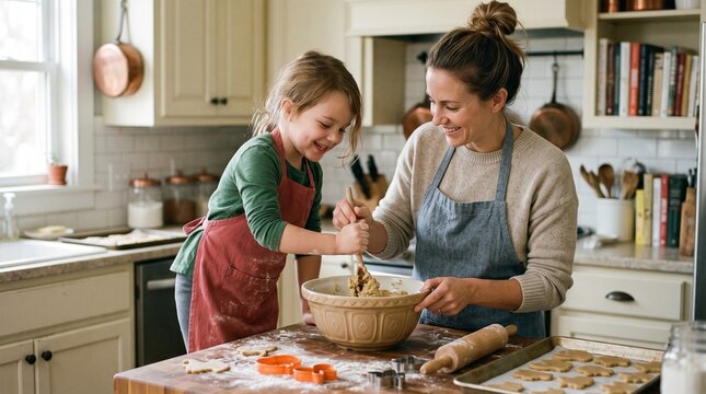 Mother and daughter happily baking cookies together in a cozy kitchen scene