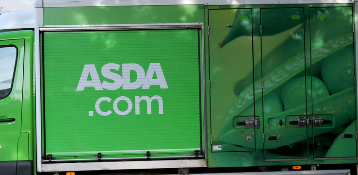 Leicester, England, UK - 23 July 2026: Delivery, van, supermarket, grocery, green Asda delivery truck side with company branding