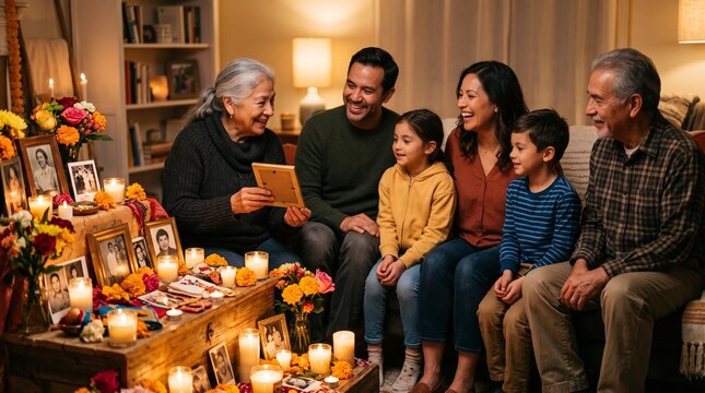 Multi generational family gathers around an ofrenda altar for Day of the Dead celebration