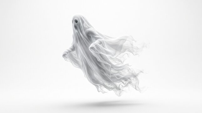 Ethereal white ghost figure floating with flowing fabric against a clean white background