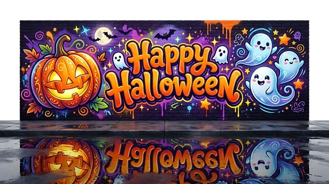 Colorful Happy Halloween Graffiti Mural Spray Painted on Dark Brick Wall with Wet Pavement Reflection 3D Render