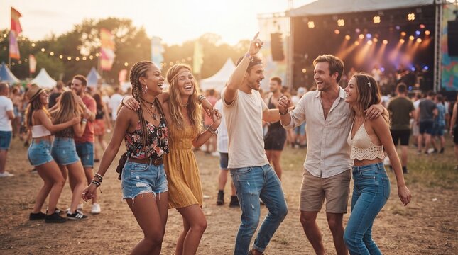 A group of young friends dancing and having fun at an outdoor music festival in the evening.