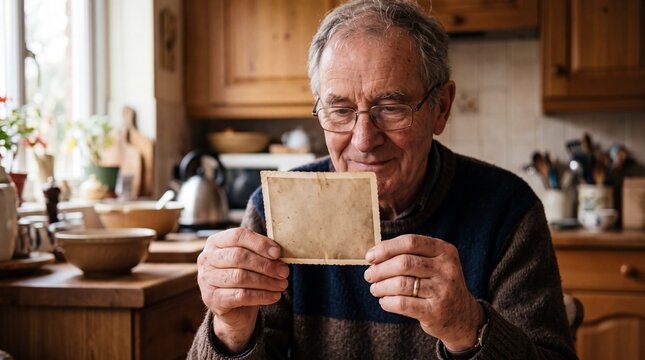 Man holding old printed photograph, nostalgia