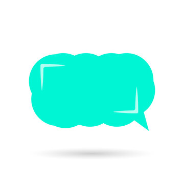 Abstract vector graphic element. Bright turquoise or cyan thought cloud and speech bubble with minimalistic white corner highlights and a soft drop shadow underneath, isolated on a solid white backgro