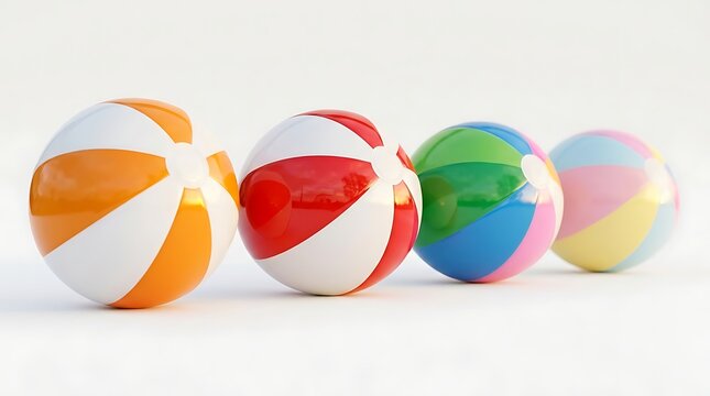 Four Colorful Inflatable Beach Balls Lined Up in a Row on Bright White Background