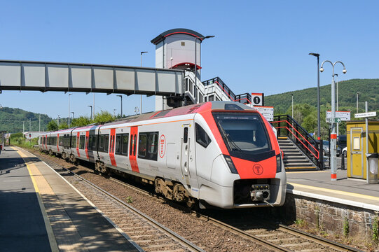 Taffs Well, Rhondda Cynon Taf, Wales, UK - 15 July 2026: Transport for Wales Class 756 electric train at Taffs Well railway station in south Wales. The train is manufactured by Stadler