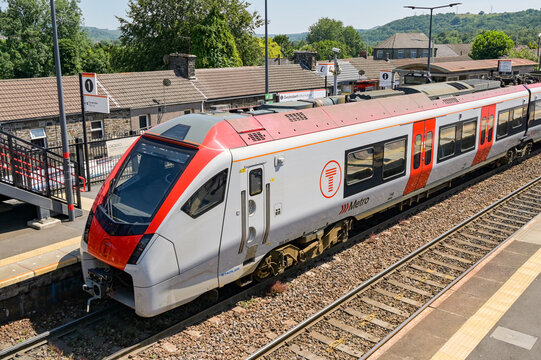Treforest, Rhondda Cynon Taf, Wales, UK - 14 July 2026: Class 756 electric train stopped at Treforest railway station in south Wales.