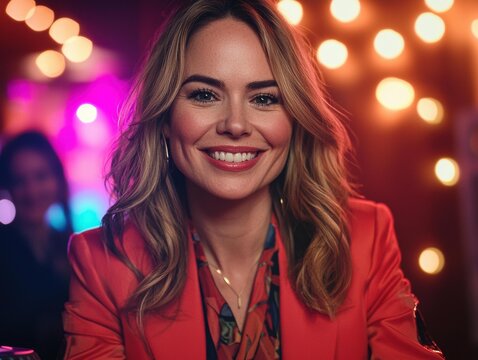 A woman with blonde hair smiles in a red blazer, with blurred colorful lights in the background. AI.