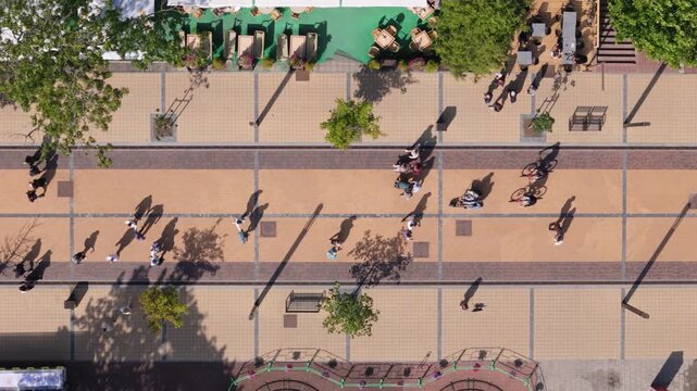 Aerial view of people walking along the pedestrian street in Palanga, Klaipeda County, Lithuania.