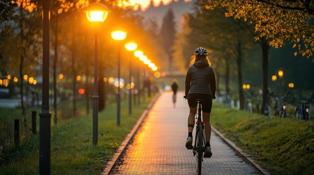 A person cycles down a path lined with streetlights and trees at sunset. AI.