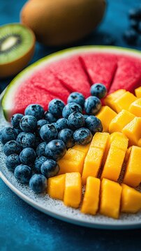 A plate of sliced watermelon, blueberries, diced mango, and a kiwi slice on a blue background. AI.