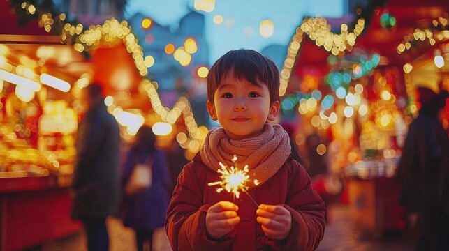 A young boy holds a sparkler at a bustling night market adorned with festive lights. AI.