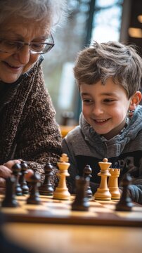 An elderly woman and a young boy smile while playing a game of chess, with wooden pieces arranged on the board. AI.